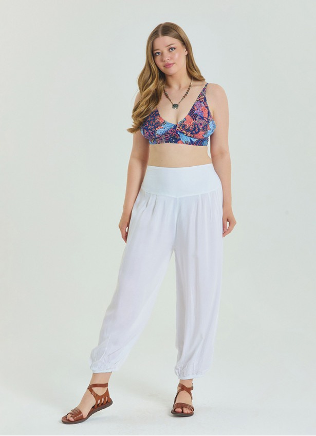 Elastic Waist Relaxed Cut White Plus Size Trousers 4628